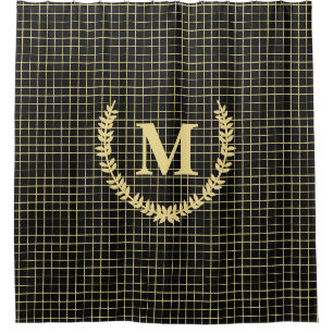 Modern Gold Black Pattern Monogram Bathroom Decor Shower Curtain