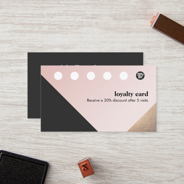 Modern Gold, Black, Pink Geometric 6 Punch Loyalty Card (Front/Back In Situ)