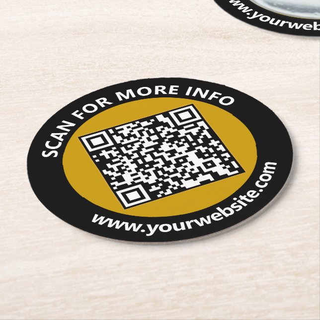 Modern Gold Black QR Code Custom White Text Round Paper Coaster (Angled)