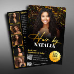 Modern Gold Black Sparkle Photo Hair Salon Service Flyer<br><div class="desc">Promote your hair salon with this elegant and modern flyer. Featuring a sophisticated black and gold design, it's perfect for attracting new clients. The flyer includes space for your logo, contact information, and a QR code for easy booking. Make a statement with a professional design that highlights your services and...</div>