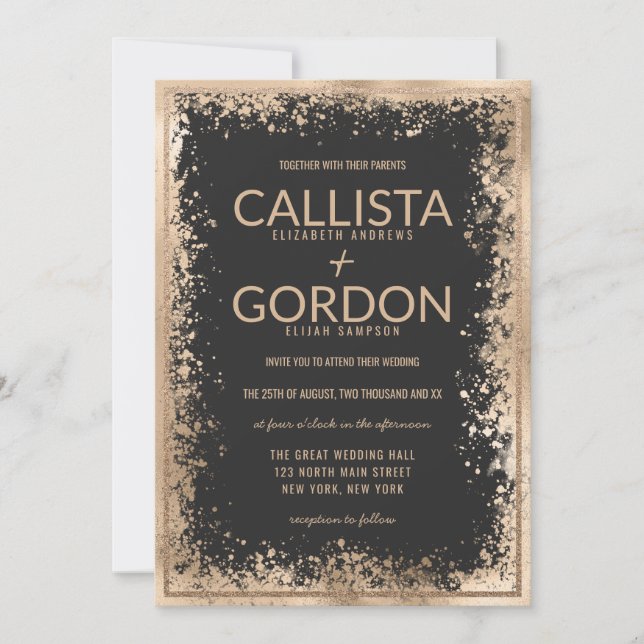 Modern Gold Black Splatter Glitter Border Wedding Invitation (Front)