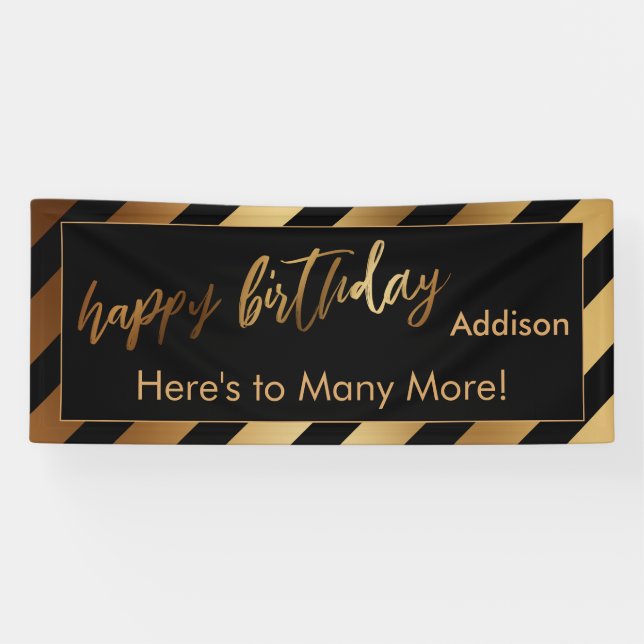 Modern Gold & Black Stripe Happy Birthday Banner (Horizontal)