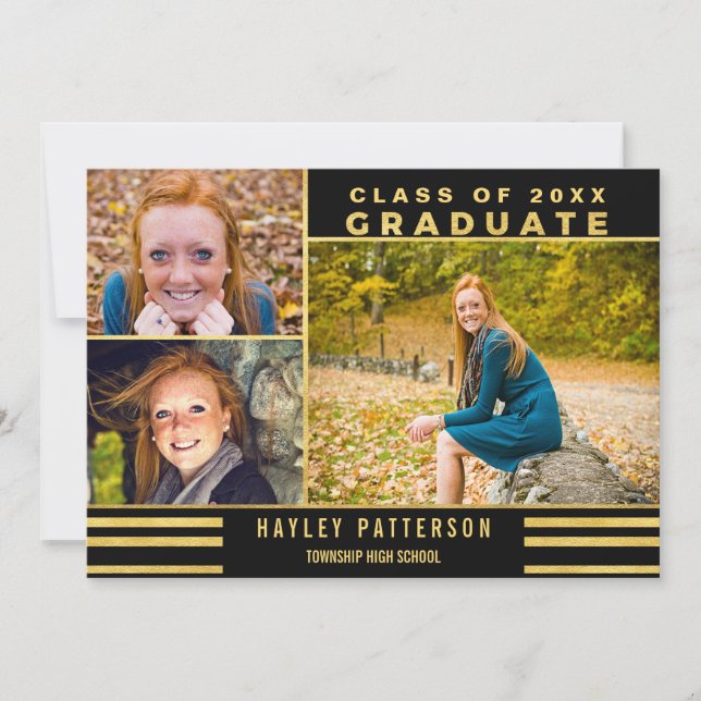Modern Gold Black Stripes 3 Photo Graduation Invitation (Front)