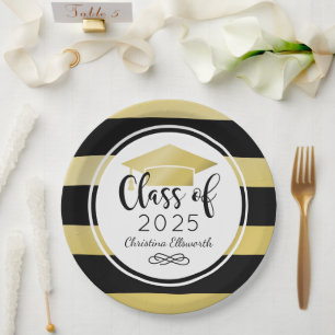 Modern Gold Black Stripes Custom Graduation Party Paper Plate