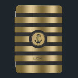 Modern Gold & Black Stripes Nautical Anchor iPad Mini Cover<br><div class="desc">Elegant modern monogramed gold metallic stripes over black background that you can change. White and gold circle for white nautical anchor illustration. Custom monogram. If you need any help customising, changing colour, or anything else to any of my designs, contact ArtOnWear designer. Free text formatting with live help available by...</div>