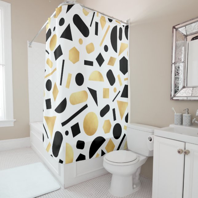 Modern Gold Black White Geometric Shapes Pattern Shower Curtain (In Situ)