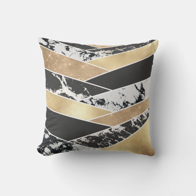 Modern Gold Black White Glitter Marble Geometric Cushion (Front)