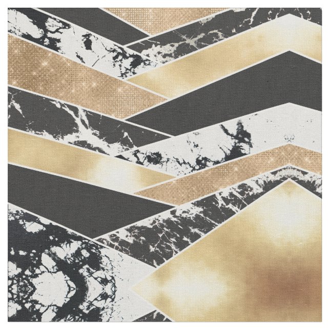Modern Gold Black White Glitter Marble Geometric Fabric (Close Up)