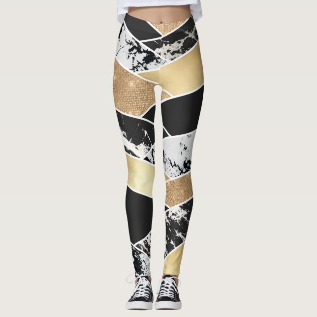 Modern Gold Black White Glitter Marble Geometric Leggings (Front)