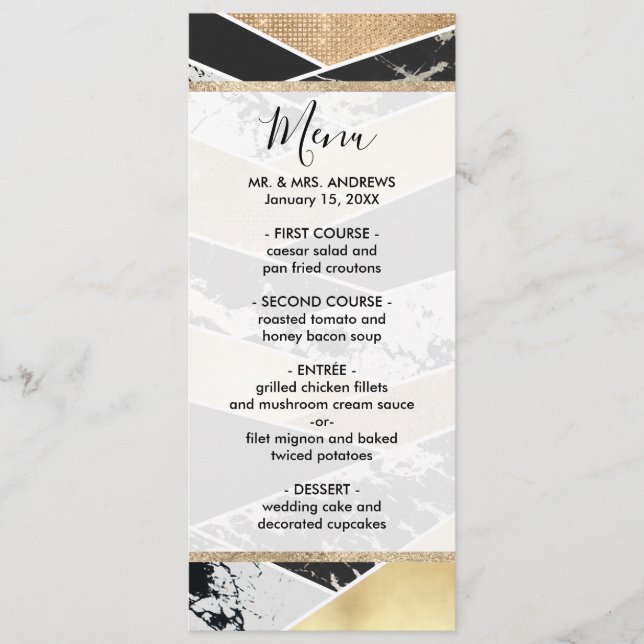 Modern Gold Black White Glitter Marble Geometric Menu (Front)