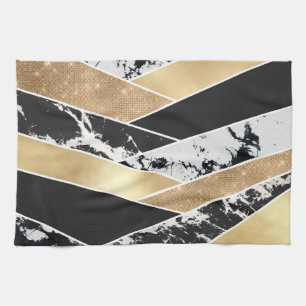 Modern Gold Black White Glitter Marble Geometric Tea Towel