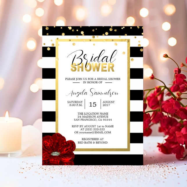 Modern Gold Black White RED Rose Bridal Shower Invitation (Modern Gold Black White RED Rose Bridal Shower Invitation)