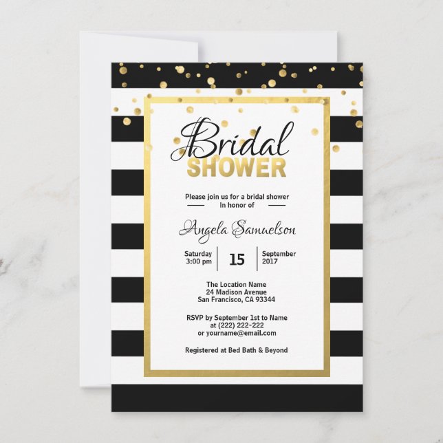 Modern Gold Black White Stripes Bridal Shower Invitation (Front)