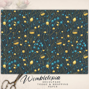 Modern Gold & Blue Abstract Floral Decoupage Tissue Paper
