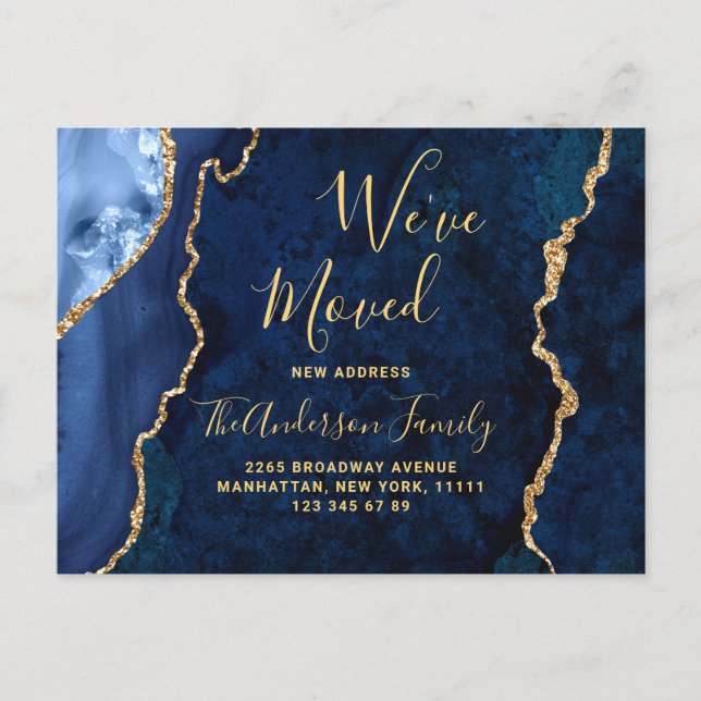 Modern Gold Blue Agate Marble Moving Announcement Postcard (Front)