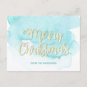 Modern Gold & Blue Christmas Beach Watercolor Postcard