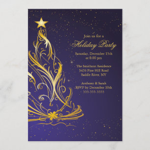 Modern Gold & Blue Christmas Holiday Party Invitation