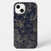 Modern Gold Blue Floral Doodles line art