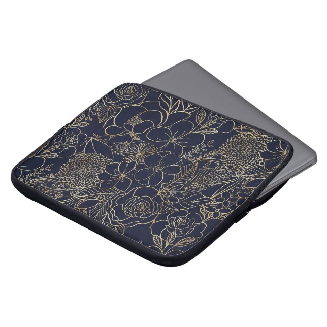 Modern Gold Blue Floral Doodles line art Laptop Sleeve (Front Top)