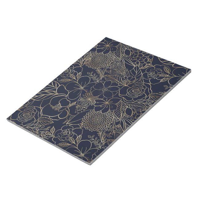 Modern Gold Blue Floral Doodles line art Notepad (Angled)