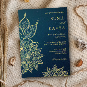Modern Gold Blue Galaxy Henna Indian Wedding Invitation
