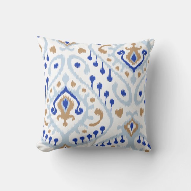 Modern gold blue girly ikat tribal pattern cushion (Front)