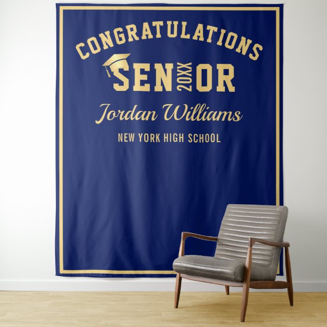 Modern Gold Blue Graduation Photo Booth Backdrop Tapestry (In Situ)