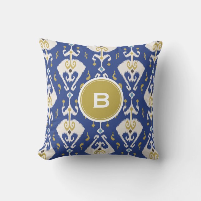 Modern gold blue ikat tribal pattern monogram cushion (Front)