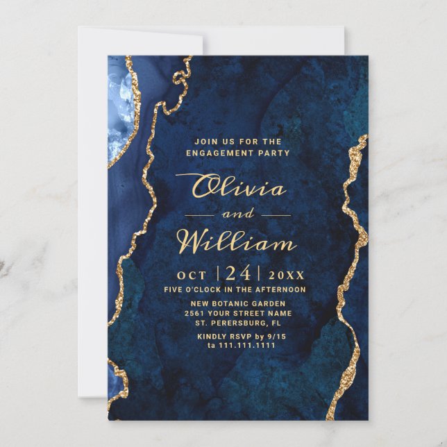 Modern Gold Blue Marble Agate Engagement Party Invitation (Front)
