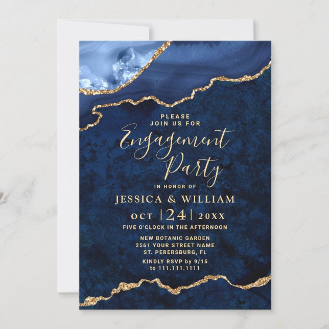 Modern Gold Blue Marble Agate Engagement Party Invitation (Front)