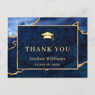 Modern Gold Blue Marble Agate Graduation Thank You Postcard