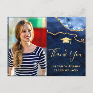 Modern Gold Blue Marble Agate Graduation Thank You Postcard