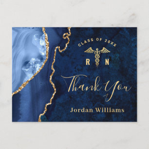 Modern Gold Blue Marble Agate Graduation Thank You Postcard