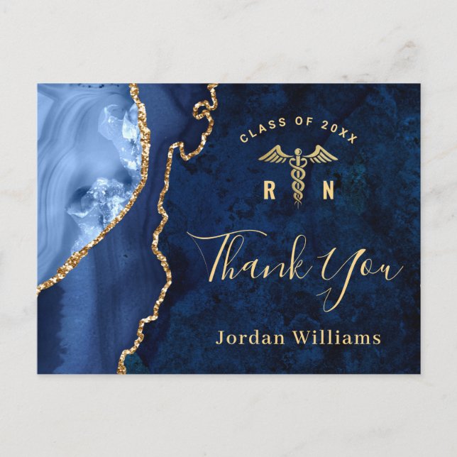 Modern Gold Blue Marble Agate Graduation Thank You Postcard (Front)