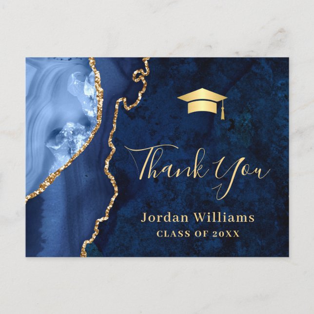 Modern Gold Blue Marble Agate Graduation Thank You Postcard (Front)