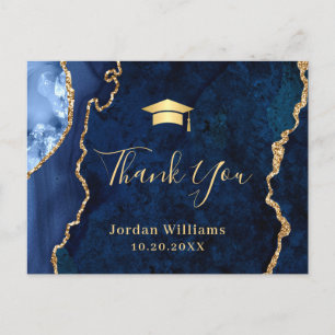 Modern Gold Blue Marble Agate Graduation Thank You Postcard