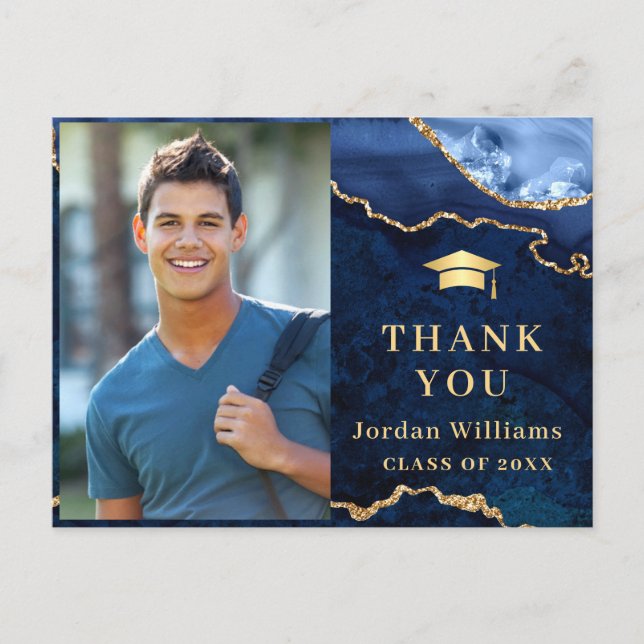 Modern Gold Blue Marble Agate Graduation Thank You Postcard (Front)