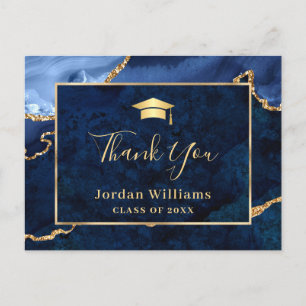 Modern Gold Blue Marble Agate Graduation Thank You Postcard