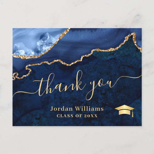 Modern Gold Blue Marble Agate Graduation Thank You Postcard (Front)