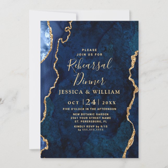 Modern Gold Blue Marble Agate REHEARSAL DINNER Invitation (Front)