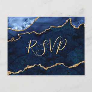 Modern Gold Blue Marble Agate Wedding RSVP Invitation Postcard