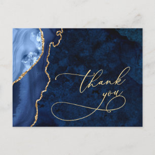 Modern Gold Blue Marble Agate Wedding Thank You Postcard