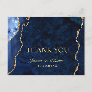 Modern Gold Blue Marble Agate Wedding Thank You Postcard