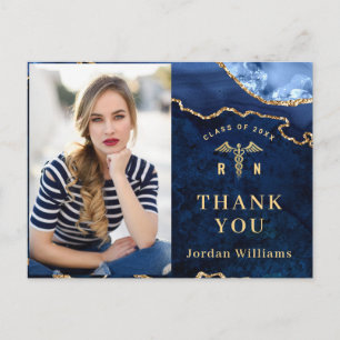 Modern Gold Blue Marble RN Graduation Thank You Postcard