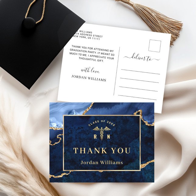 Modern Gold Blue Marble RN Graduation Thank You Postcard (Creator Uploaded)