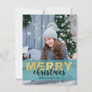 Modern Gold Blue Merry Christmas - Photo Card