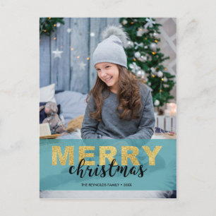Modern Gold Blue Merry Christmas Photo - Postcard