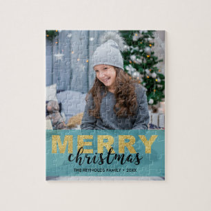 Modern Gold Blue Merry Christmas Photo - Puzzle