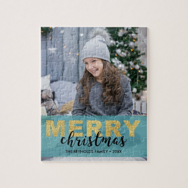 Modern Gold Blue Merry Christmas Photo - Puzzle (Vertical)