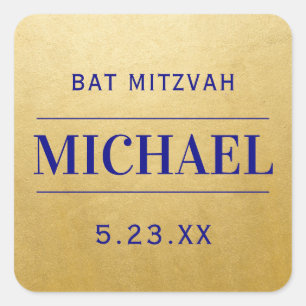 Modern Gold & Blue Mitzvah Birthday Name Favour Square Sticker